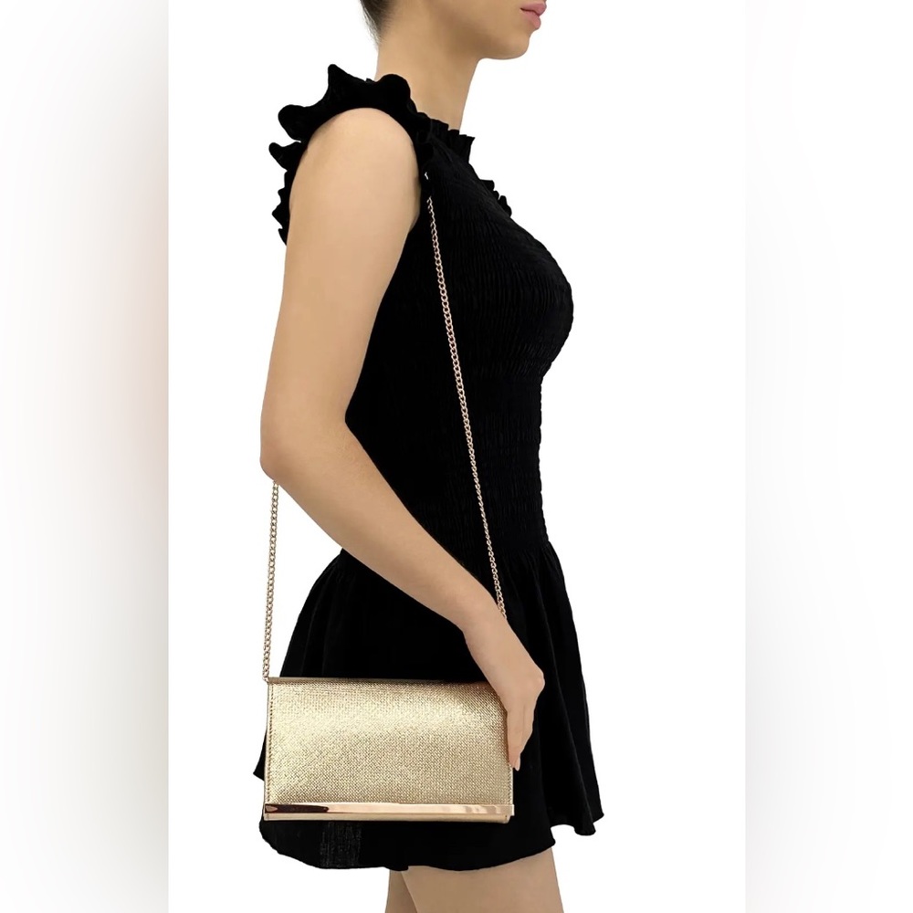 OLGA BERG Maddie Metallic Embossed Chain Evening Bag Clutch Handbag Bag Gold